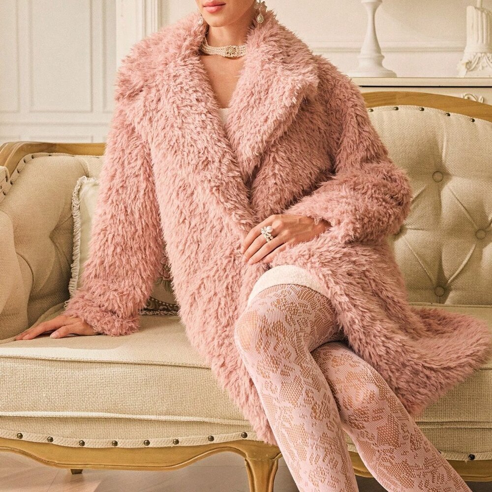 Pink Casual Women's Faux Shearling Crisp Collar Mid-Length Jacket - Picture 1 of 8